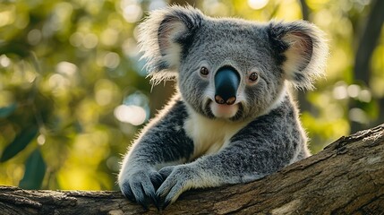 Fototapeta premium Closeup of a Koala Phascolarctos cinereus sitting on a tree fork looking at camera green foliage in the background Koalas are native Australian marsupials : Generative AI