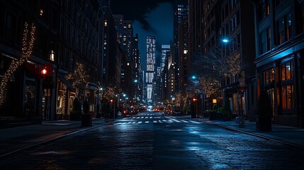 Fototapeta premium New York City Nightscape with Glowing Skyscrapers and Empty Streets : Generative AI