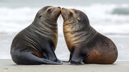 Fototapeta premium cute couple of new zealand sea lions mating on the beach allans beach on otago peninsula near dunedin new zealand : Generative AI
