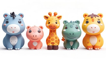 Naklejka premium Kawaii Animal Set: Hippo, Giraffe, Alligator, and Crocodile Face Icons with Cute Cartoon Baby Characters, Long Neck, Baby Clothes, Kids Prints, Love, Flat Design on White Background, Isolated