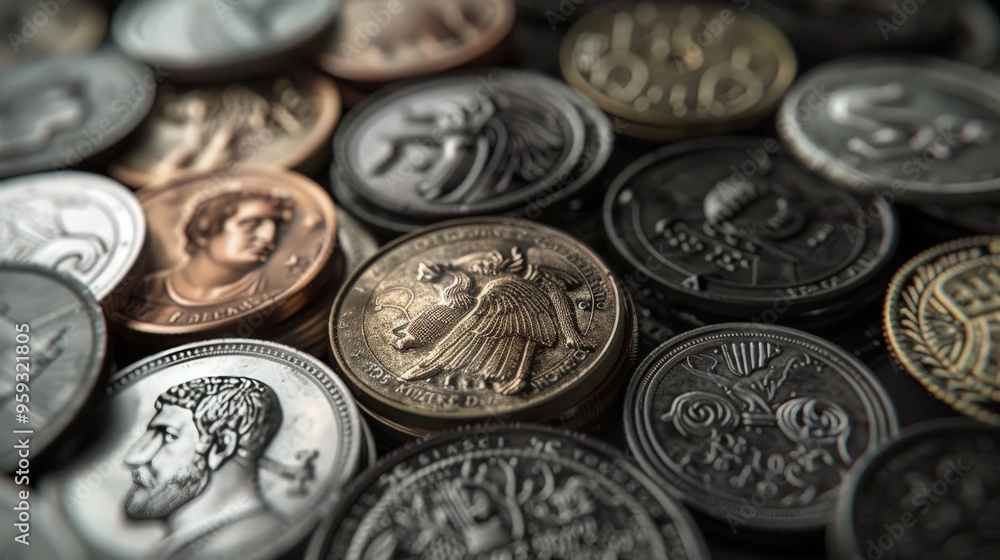 Poster a close-up 3d rendering of a coin collection, each coin intricately detailed and unique, representin