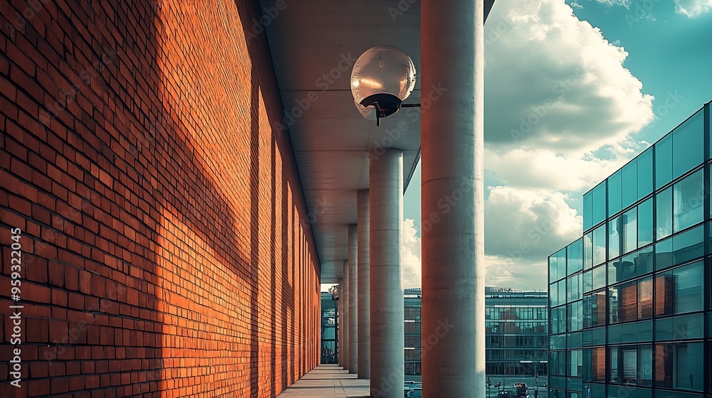 Poster Surrounding brick wall with concrete columns with cloudy sky street lamp and modern building on behind Urban road in front Background for copy space : Generative AI