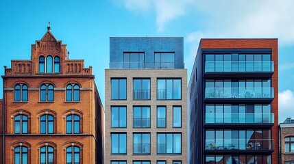 Fototapeta premium Three different buildings in the city center facade of an old brick abandoned house balconies of a modern apartment building tall glass office building : Generative AI