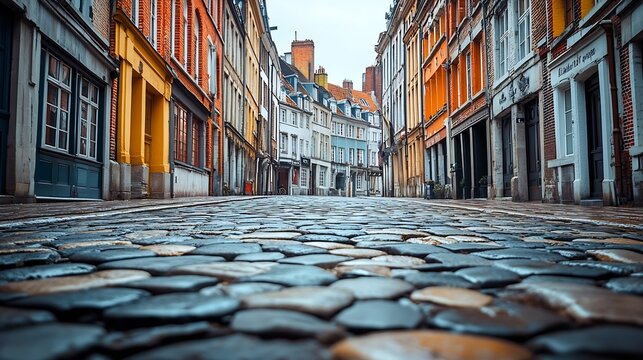 Vieux Lille old town quarter with empty narrow cobblestone street paving stone square with old colorful buildings in historical city centre French Flanders HautsdeFrance Region Norther : Generative AI