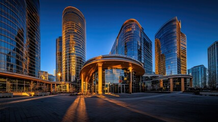 Modern skyscrapers basking in golden light, showcasing architecture and urban design at twilight. A stunning cityscape view.