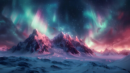 Fototapeta premium Snowy Mountains Under the Aurora Borealis - Digital Illustration