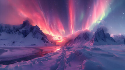 Snowy Mountain Range Under Purple Aurora Borealis - Realistic Image
