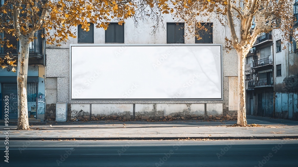 Poster White long blank billboard in front of building on side of empty street with copy space for mock up information : Generative AI