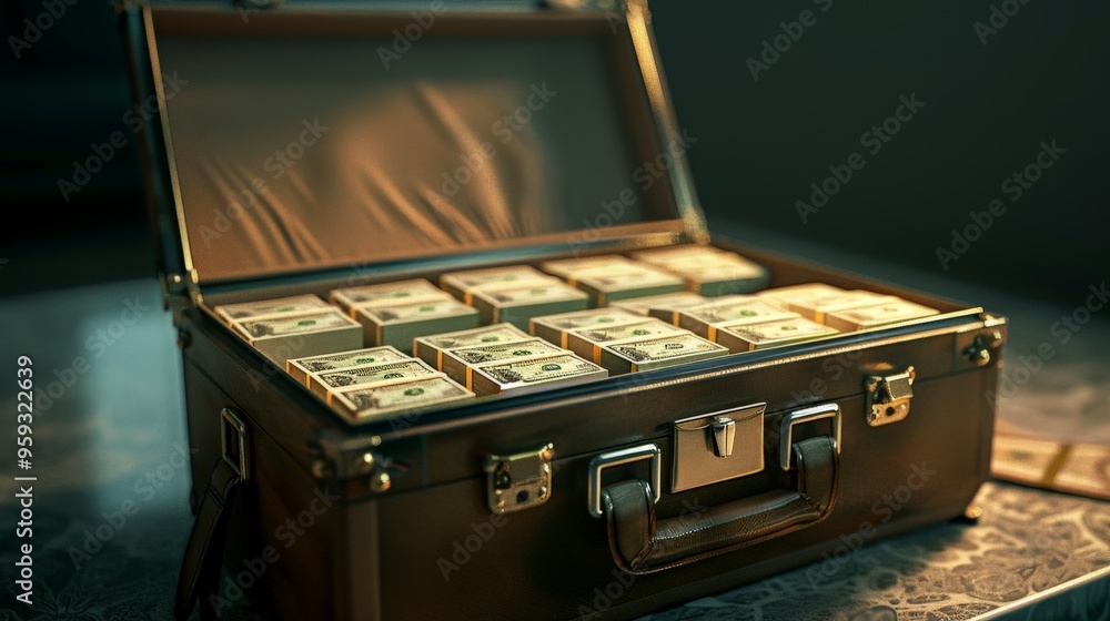 Poster a digital 3d rendering of a briefcase overflowing with money, open to reveal neatly stacked bundles 