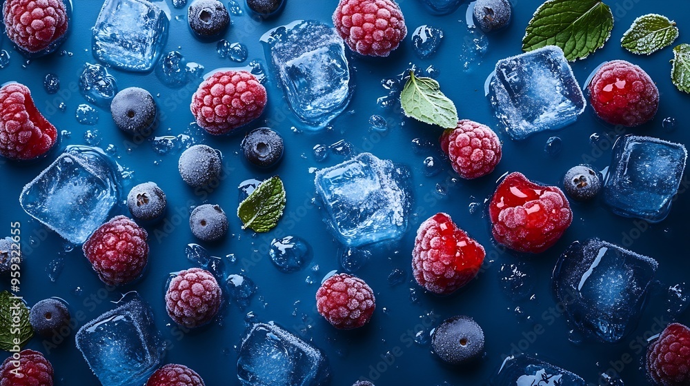 Aufkleber blue background with ice cubes with frozen berries and fruits and mint : generative ai