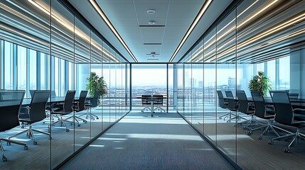 A modern office space featuring sleek design with horizontal lines on the ceiling glass partitions and a welllit conference area with dark chairs : Generative AI