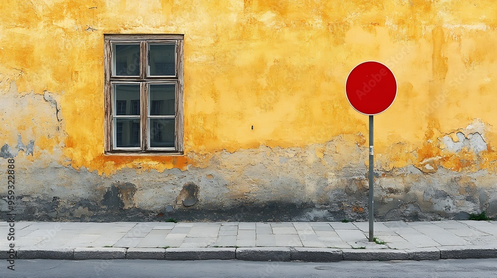 Poster stop traffic sign on concrete sidewalk pale yellow plaster facade with windows on behind urban stree