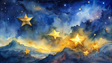 Fototapeta premium Shining Christmas stars in a night sky with watercolor clouds and a magical atmosphere