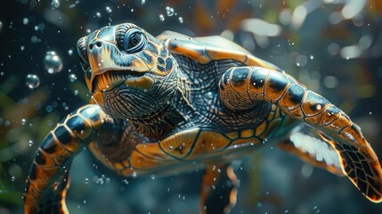 Fototapeta premium Merry Turtle Swimming Underwater - Carettochelys Insculpta and Other Funny Aquatic Animals