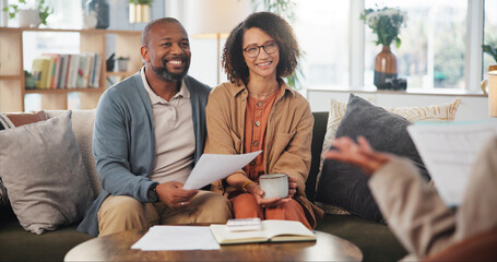 Financial advisor, meeting and mature couple on sofa for estate planning, asset management or...