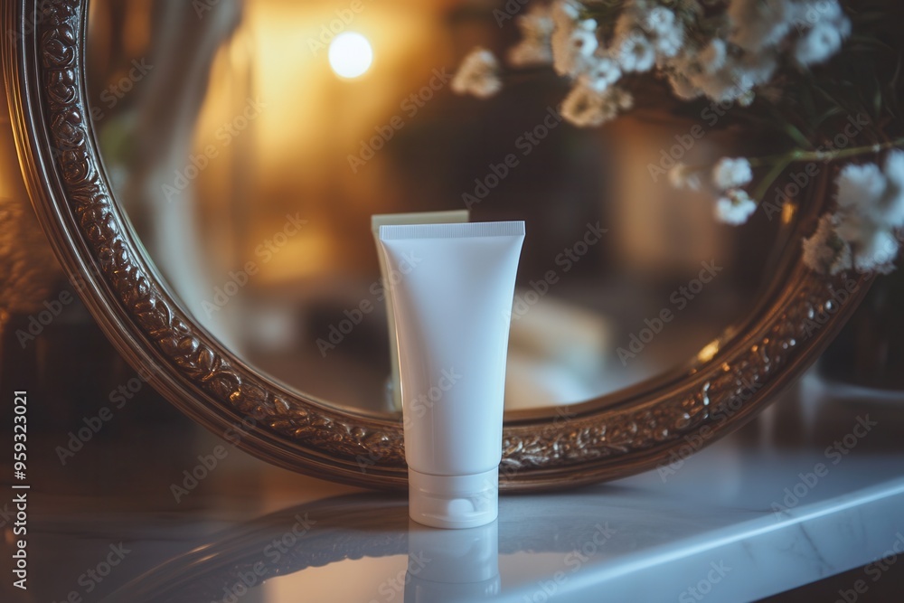 Aufkleber a tube of cream stands in front of a mirror, capturing the soft glow of warm light, with a floral ar