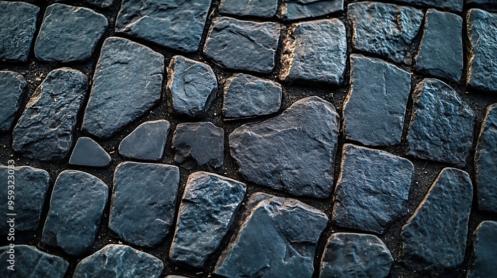 Poster Dark gray cobblestone pavement from old rough stones as background top view close up : Generative AI