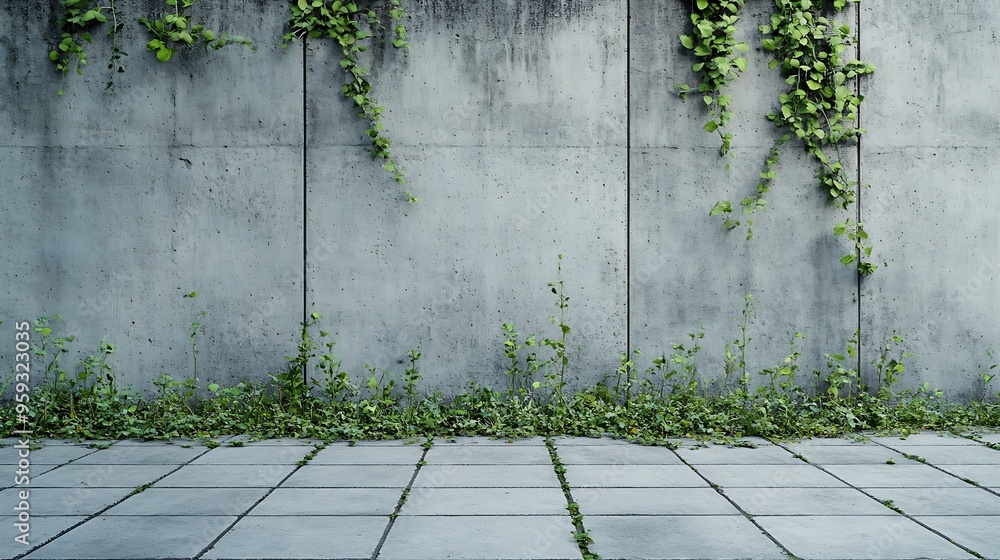 Poster grunge concrete wall at the roadiside with tiled cement sidewalk overgrown with weeds background for