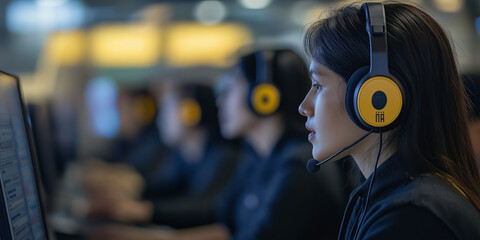 Focused female call center agent with headset working in customer support, professional communication, modern office, customer service, technical assistance, team environment, technology