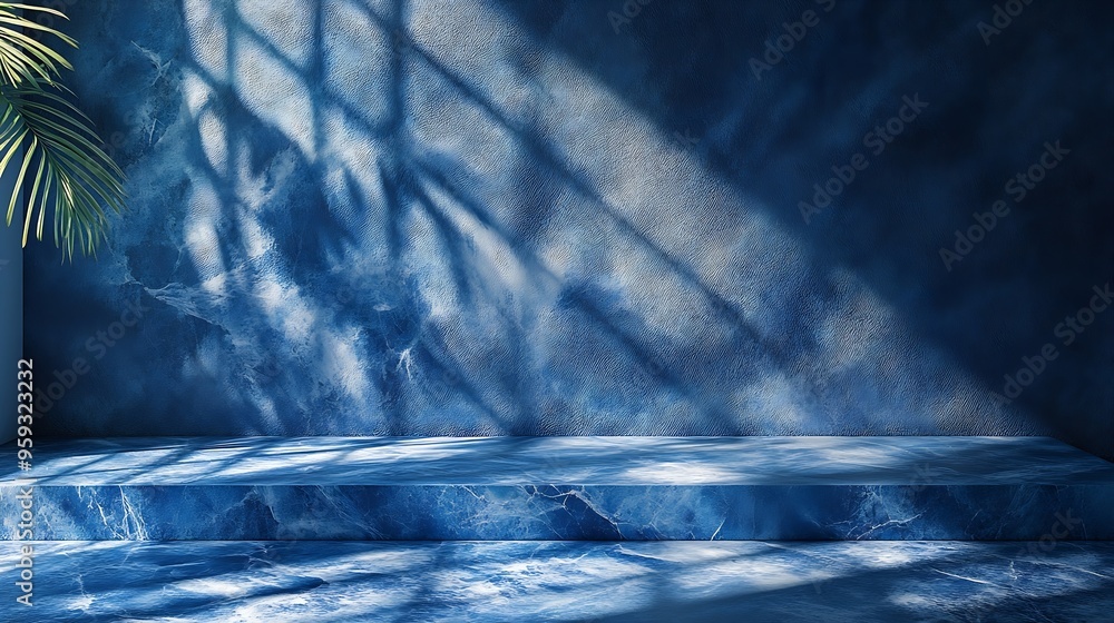 Poster blue background dark 3d studio minimal kitchen table display room abstract scene business light shad