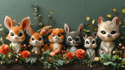 Naklejka premium Cute Animal Vector Illustration Set with Flower Crowns - Funny Cartoon Animals