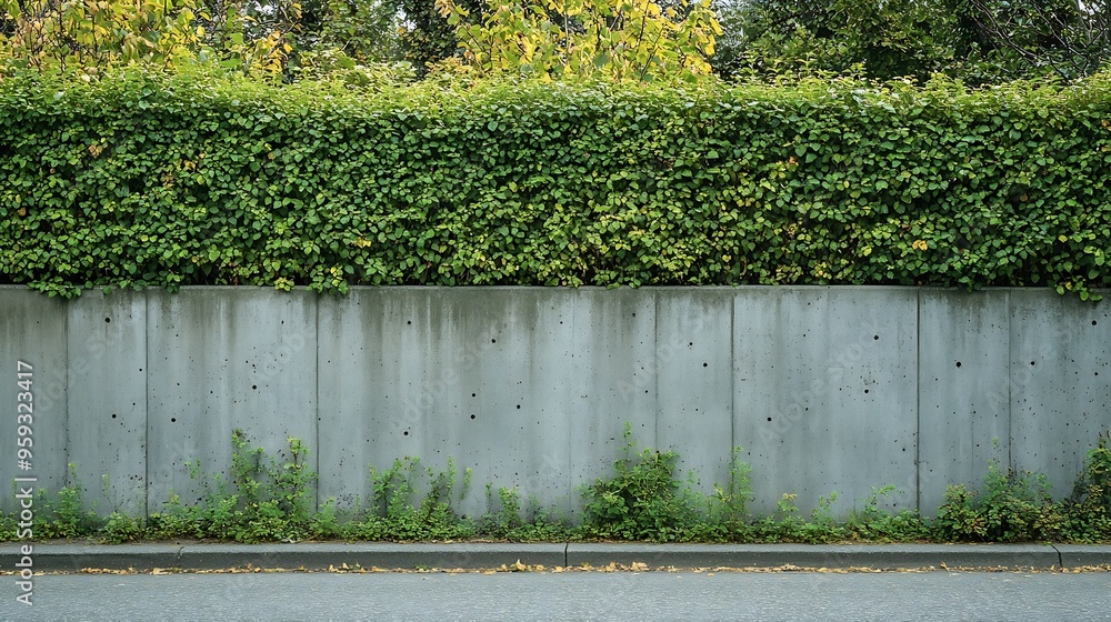 Poster house fence consisting by a long concrete rectangle block wall and a hedge above cement sidewalk and
