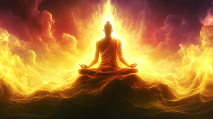 A silhouette of a meditating man in a glowing robe, sitting on a cloud with bright, ethereal light streaming through his body and surrounding him.