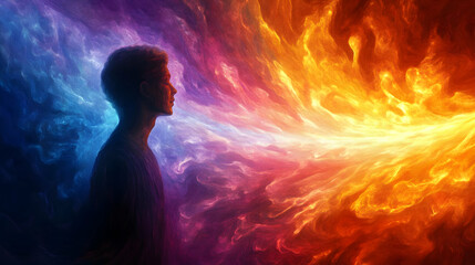 A silhouette of a person facing a bright, colorful sky with clouds of fire and blue, purple, and white colors.