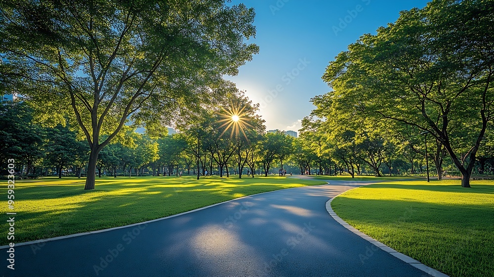 Aufkleber empty street green city park with blue sky pathway and beautiful trees track for running or walking 