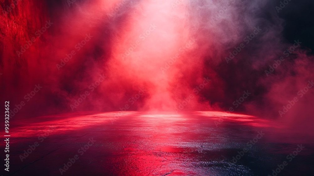 Aufkleber abstract technology dark red empty street asphalt floor studio room with smoke floating up the inter