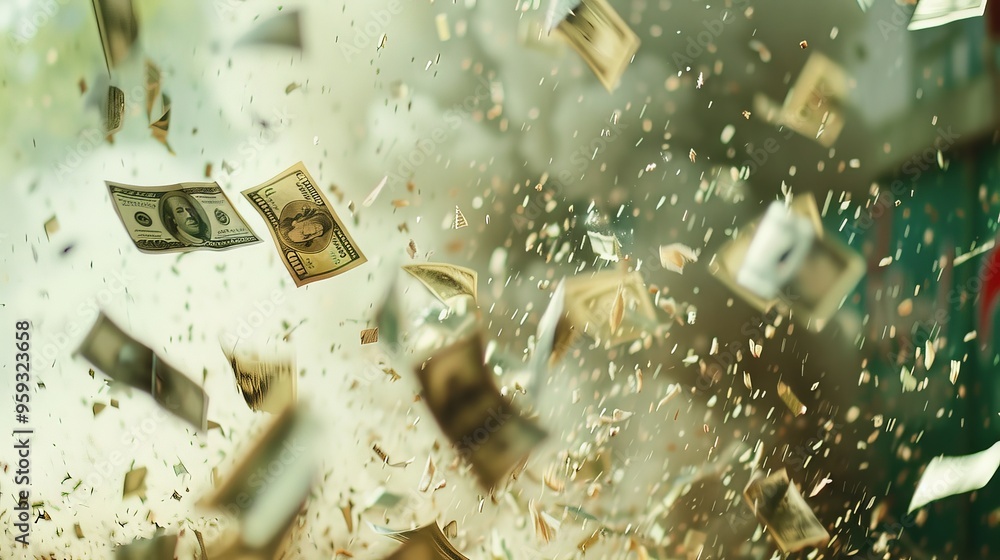 Poster a flurry of banknotes caught in a gust of wind, creating a chaotic yet beautiful display of wealth i