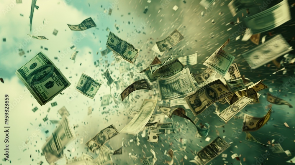 Poster a flurry of banknotes caught in a gust of wind, creating a chaotic yet beautiful display of wealth i