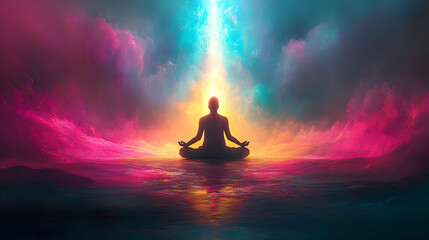 A silhouette of a person meditating in a vibrant and colorful landscape.