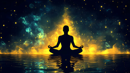 A silhouette of a person meditating in front of a starry sky with golden and blue nebulae, reflecting in calm water.