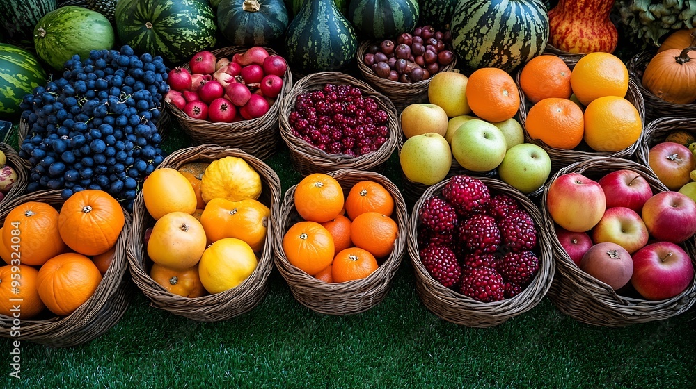 Poster assortment of fresh fruits and vegetables arranged in baskets and displayed on a grassy surface with