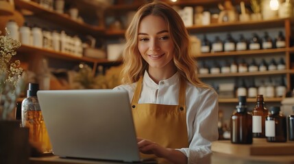 fragrance is tested and mixed scent by a professional perfumer before making another one smiling attractive caucasian lady in apron uniform at work place use laptop in cozy room alone : Generative AI