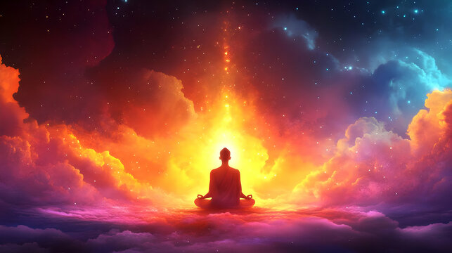 A single figure meditates on a bed of clouds against a backdrop of colorful nebulas and twinkling stars.