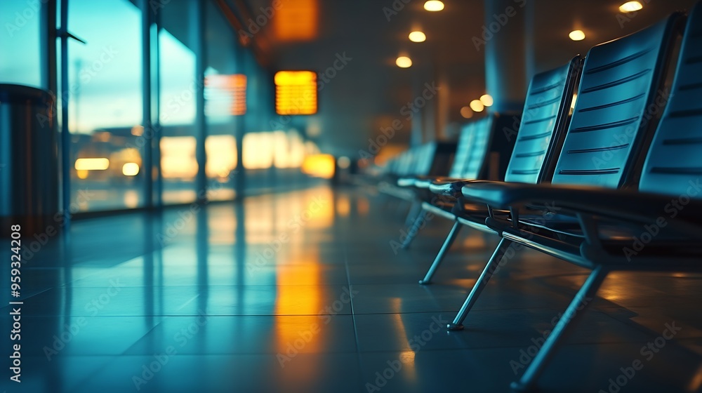 Poster empty airport terminal waiting area with chairs : generative ai
