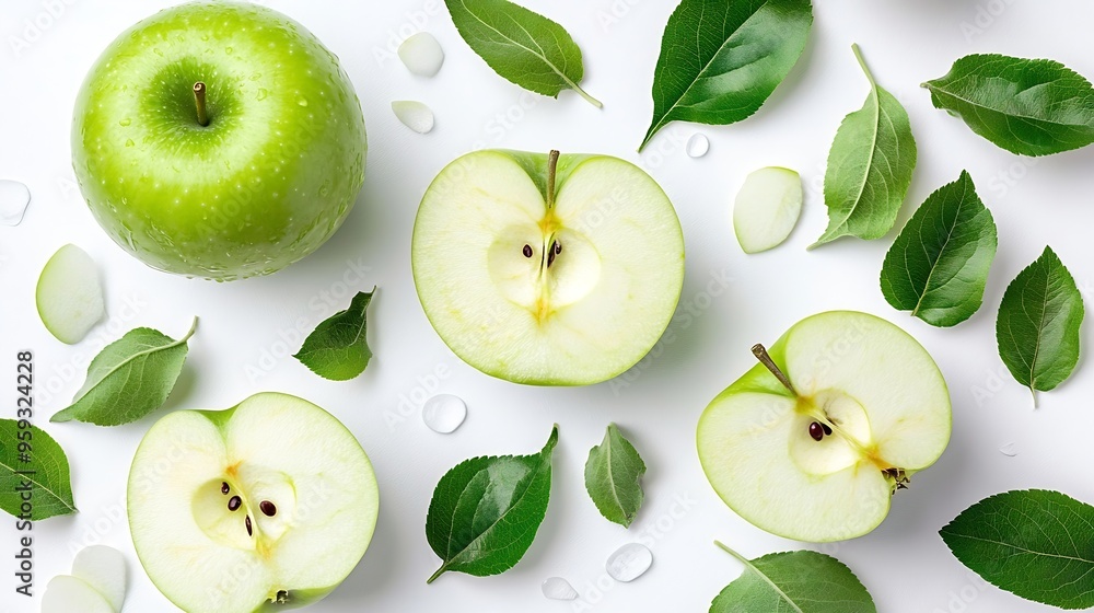 Poster green apple and cut in half sliced with leaves isolated on white background top view flat lay : gene
