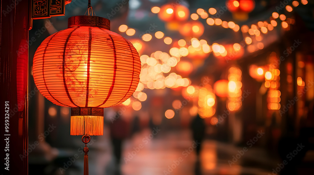 Poster a single red lantern hangs in front of a blurred background of lights and people.