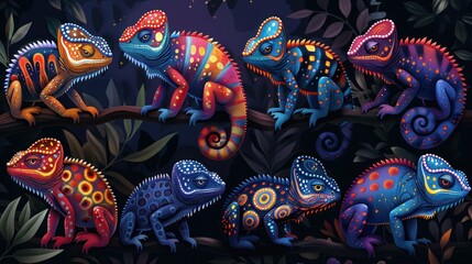 Colorful Mexican Chameleons with Ethnic Ornaments - Vector Reptile Characters in Alebrije Pattern