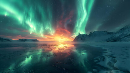 Aurora Borealis Over Frozen Lake and Mountain Landscape - Photo