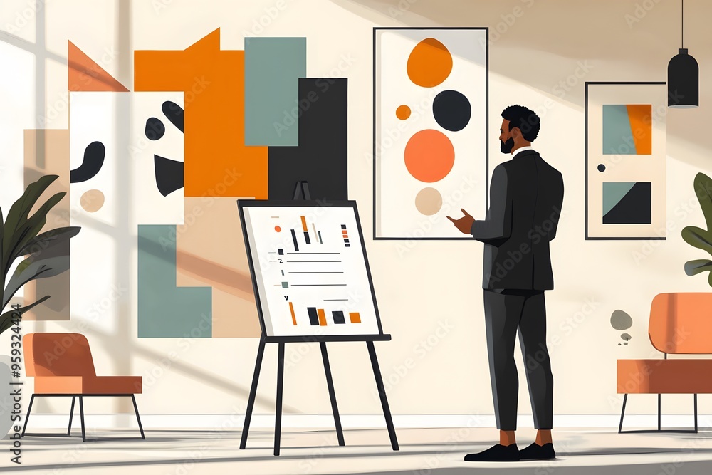 Poster man presenting data visualization in minimalist room