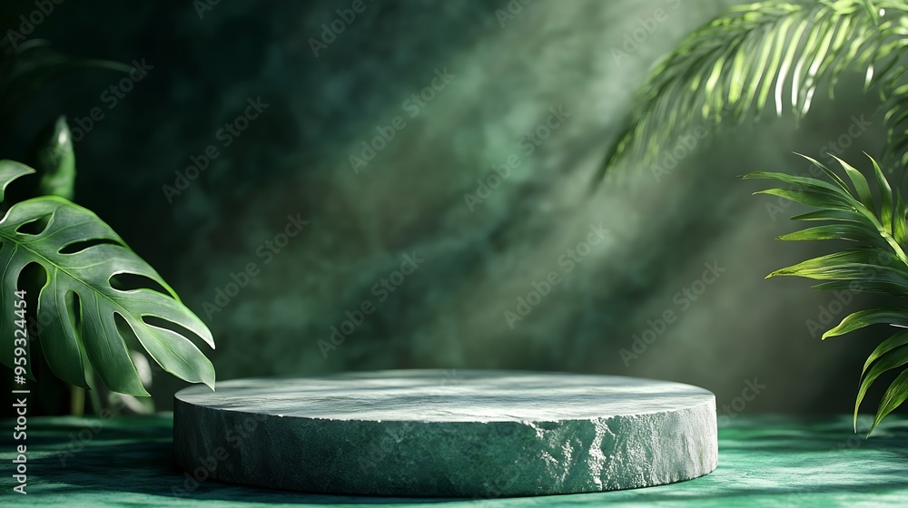 Poster background for cosmetic products of natural green color stone podium on a green background front vie