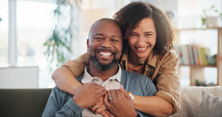 Couple, laughing and hug portrait in home for romance, support and commitment in marriage with...