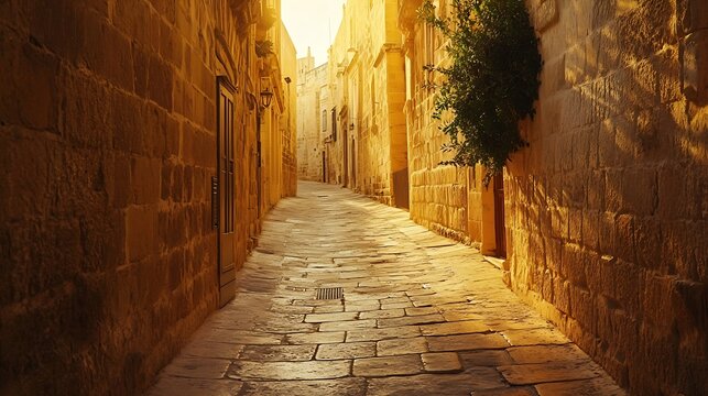 Narrow winding street with golden light illuminating sandstone walls in Maltas silent city Mdina : Generative AI