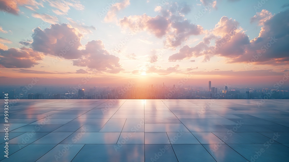 Aufkleber empty square floor and city skyline with sky clouds at sunset : generative ai