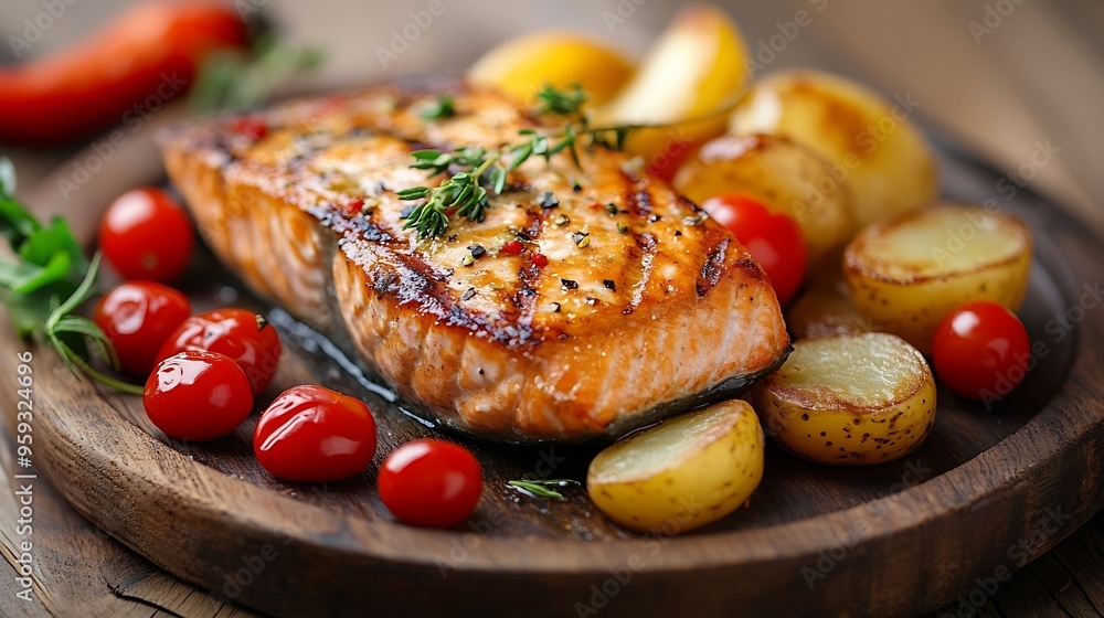 Poster fried salmon steak with potatoes and vegetables on wooden table : generative ai