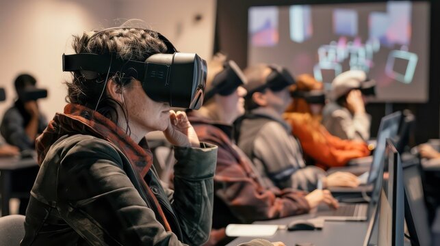 Woman wearing a VR headset in a classroom setting with other people.