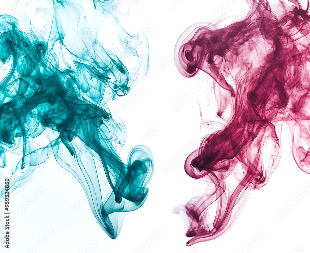 Poster teal and ruby smoke softly diffuse on a stark white backdrop.